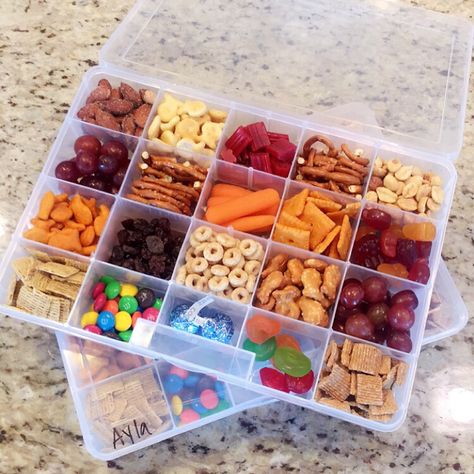 Road trip snack boxes for kids! (Used bead separator boxes) They were a hit!! Road Trip Snack Containers, Tackle Box Snacks Airplane, Snackle Box For Plane, Snackle Box For Toddler, Airplane Snack Box For Kids, Travel Snacks For Toddlers, Shackle Box Ideas For Kids, Snackle Box Ideas Toddler, Snack Tackle Box For Kids