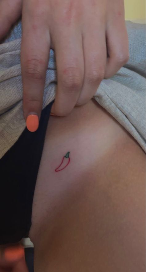 Coloured Minimalist Tattoo, Cherry Red Ink Tattoo, Minimalist Mexico Tattoo, Chilli Tatoos, Mini Chilli Tattoo, Super Trouper Tattoo, Chilli Tattoo Ideas, Tiny Chilli Tattoo, Small Colour Tattoos For Women