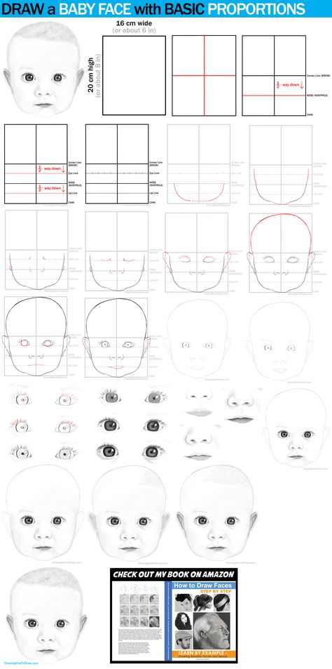 Learn how to draw a baby’s face, from the front, with basic proportions. This technique might look annoying, but it is reliable and really can be quick if you memorize how to draw babies’ faces. Drawing faces and heads really aren’t as hard as it appears to be. Follow this facial proportions tutorial and you will see how easy drawing baby faces can be. Proportions Tutorial, Proportions Drawing, Baby Face Drawing, Faces Drawing, Drawing Baby, Face Tutorial, Painting Faces, Baby Sketch, Facial Proportions