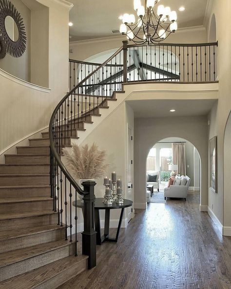 Curved Staircase Foyer, Foyer With Stairs, Curved Stairs, Entrance Foyer Design, Entryway Stairs, Foyer Staircase, Staircase Makeover, Staircase Decor, Staircase Ideas