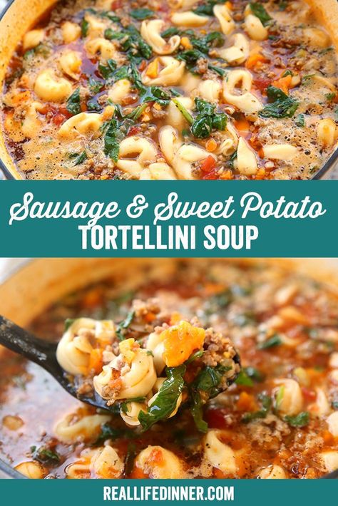 Bursting with flavor and super comforting, this soup is healthy, and ohhhh so delicious. Perfect to serve for guest or to take to a soup or chili cook-off. reallifedinner.com Potato Tortellini Soup, Sausage And Sweet Potato, Frozen Tortellini, Sausage Tortellini Soup, Sausage Tortellini, Chicken Tortellini, Soup Appetizers, Pork Soup, Pasta Side Dishes