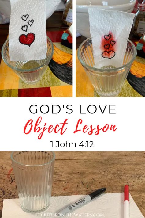 This object lessons makes a great Bible lesson about God's love for kids. You can also frame this as an experiment (have the kids draw and color their own hearts and see what happens). I love pairing this object lesson with Bible verses about God's love and then talking about how we can share God's love with others. Perfect for Sunday school, the classroom, or at home. #godslove #objectlesson #sundayschool #biblelessonforkids Object Lessons For Teens, Love Object Lesson For Kids, Quick Bible Lessons For Kids, Summer Bible Lessons For Kids, Love Object Lesson, Bible Experiments, Free Sunday School Lessons For Kids, Bible Science Experiments, Fun Bible Lessons For Kids