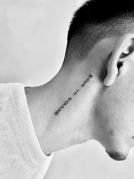 200 Best Tattoo Ideas for Men in 2022 - The Trend Spotter Tattoos 2023 Men, Neck Minimalist Tattoo Men, Small Vertical Tattoo Men, Neck Line Tattoo Men, Birthday Tattoo Ideas Men, Vertical Script Tattoo, Neck Minimalist Tattoo, Vertical Tattoo Design Men, New Tattoos Men