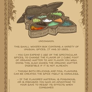 55. Spectacular Spices - This small box of exotic spices is highly prized by hungry halflings and creative chefs everywhere. There seems to be no end to the possible flavours it can produce...both good and bad.  If you're hungry for more magic items, check out my kickstarter! Only 15 days left! (link in bio) #cooking #dnd #dnd5e #fantasy #gaming #magic #item #homebrew #illustration #dungeonsanddragons #ttrpg #rpg #roleplaying #d20 #yum Dnd Cooking Items, Dnd Kitchen, Dnd Cook, Dnd Supplies, James Gifford, Dnd Magic, Dnd Homebrew, Embroidery Tattoo, Dnd Races