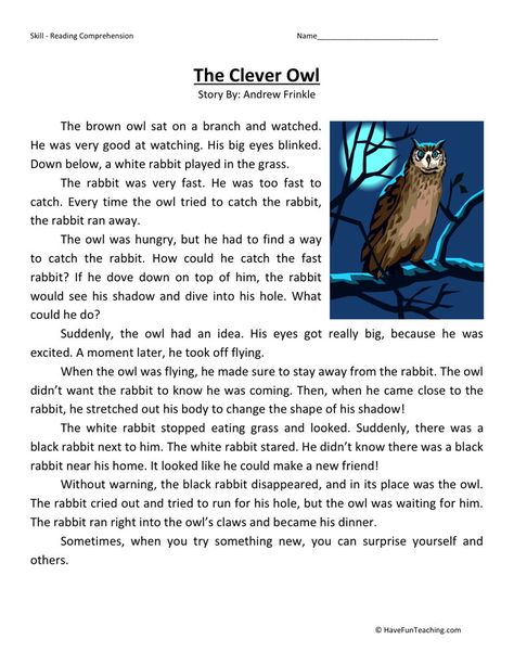 This Reading Comprehension Worksheet - The Clever Owl is for teaching reading comprehension. Use this reading comprehension story to teach reading comprehension. Teaching Reading Comprehension, English Stories For Kids, English Short Stories, Present Continuous, Reading Comprehension Lessons, Have Fun Teaching, Third Grade Reading, Reading Comprehension Skills, Reading Practice