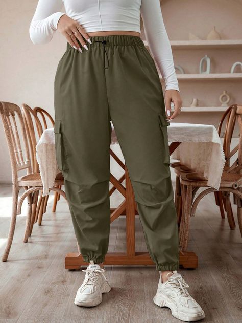 SHEIN Essnce Plus Size Solid Color Drawstring Waist Cargo Pants With Elastic CuffsI discovered amazing products on SHEIN.com, come check them out! Waist Cargo Pants, Plus Size Pants, Amazing Products, Drawstring Waist, Cargo Pants, Solid Color, Plus Size, Elastic, Pants