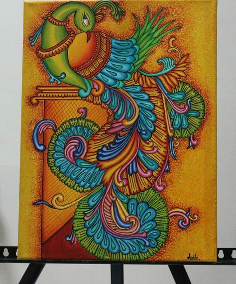 Traditional Mural Painting, Kerala Mural Painting Birds, Peacock Mural Art, Peacock Kerala Mural Painting, Kerala Mural Peacock, Kerala Mural Painting Krishna Simple, Kerala Mural Painting Simple, Kerela Murals Paintings Easy, Mural Painting Kerala Krishna