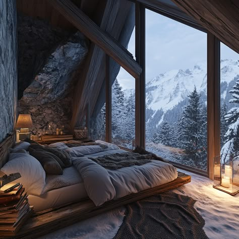 Just amazing...    #cabin Cozy Mountain Cabin Aesthetic, Ski Cabin Interior, Winter Cabin Mansion, Winter Cabin In The Woods Aesthetic, Vibey Bedroom, Snowy Cabin Aesthetic Interior, Snowed In Cabin Aesthetic, Cabin Weekend, Cozy Winter Cabin