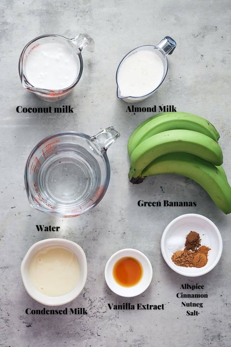 ingredients for jamaican green banana porridge Banana Porridge Recipes, Jamaican Banana Fritters, Banana Porridge, Vegan Condensed Milk, Plantain Recipes, Jamaican Dishes, Vegetarian Meal Plan, Porridge Recipes, Green Banana