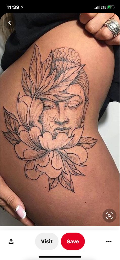 Gautama Buddha Tattoo, Tattoo On The Side, Side Thigh Tattoos Women, Terrible Tattoos, Side Thigh Tattoos, Buddhist Tattoo, Buddha Tattoo Design, Hip Thigh Tattoos, Buddha Tattoos