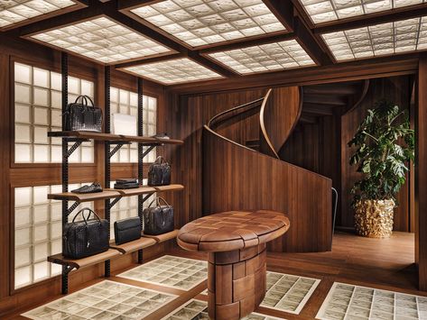 Bottega Veneta combines glass bricks and walnut for Paris store Glass Blocks Wall, Wooden Columns, Paris Store, Glass Brick, Paris Design, Soft Seating, Glass Blocks, Retail Shop, Retail Design