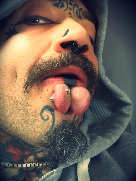 My split tongue, poked through my 1" (25mm) stretched labret piercing. Stretched Tongue Piercing, Stretched Labret, Split Tongue, Labret Piercing, Tongue Piercing, Body Modifications, Body Mods, I Tattoo, Septum Ring