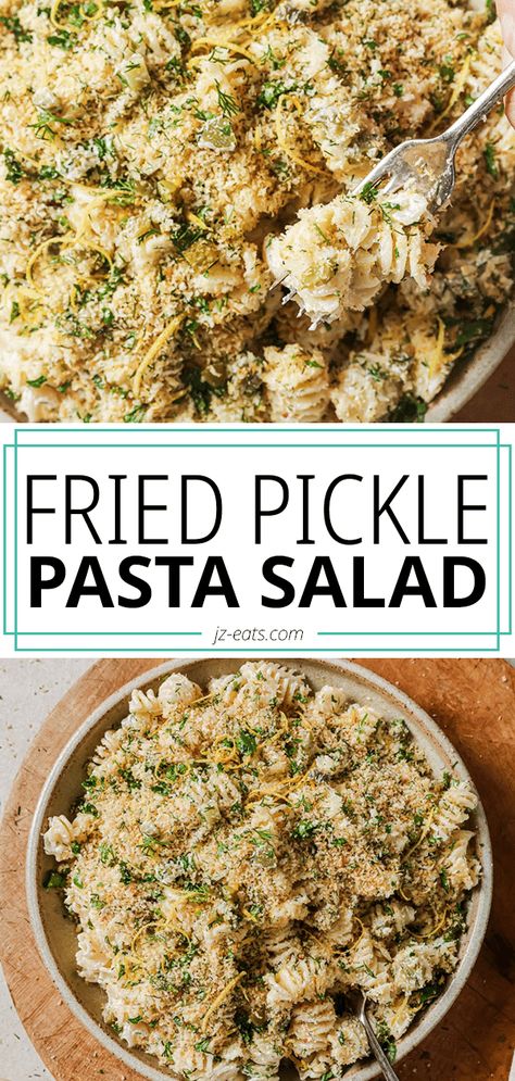 dill pickle pasta salad in a bowl Tangy Pasta Salad, Pickle Pasta Salad Recipe, Unique Pasta Salad, Pickle Pasta Salad, Pickle Pasta, Spaghetti Squash Boats, Dill Pickle Pasta Salad, Fried Turkey Recipes, Grilled Chicken Pasta