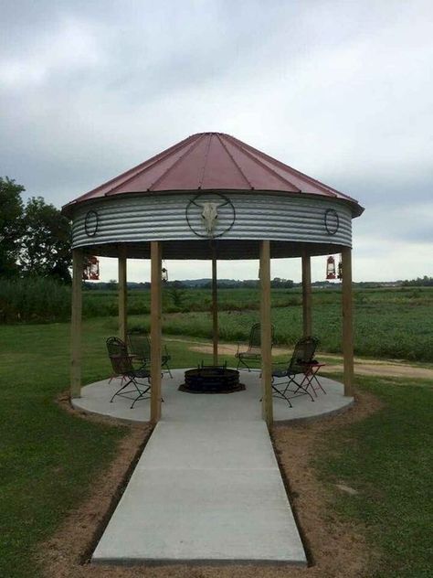 Fire Pit Grain Silo Gazebo Cozy Deck, Outdoor Fire Pit Seating, Grain Bins, Gazebo With Fire Pit, Covered Backyard, Corn Crib, Silo House, Building A Pergola, Fire Pit Seating