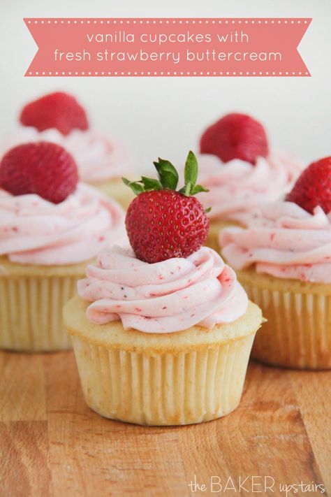 Vanilla cupcakes with fresh strawberry buttercream from The Baker Upstairs. These cupcakes are perfect for spring and so delicious! www.thebakerupstairs.com Cake Flavours, Savory Cakes, Strawberry Treats, Cupcakes Recipes, Strawberry Buttercream, Oreo Cupcakes, Strawberry Cupcakes, Läcker Mat, Think Food