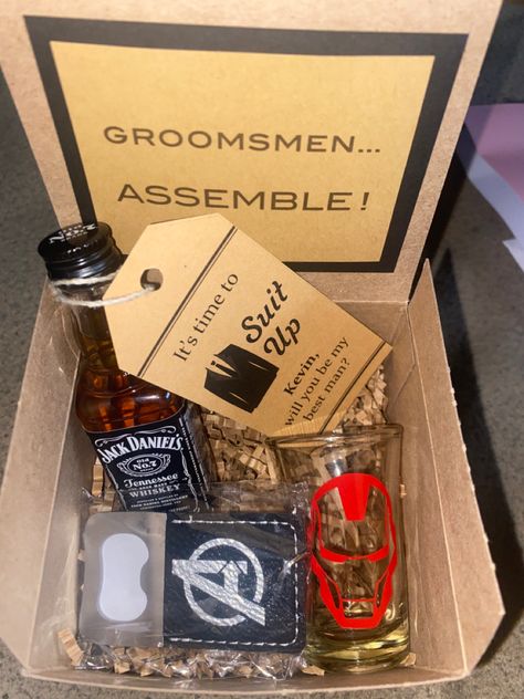 Marvel Groomsmen Proposal, Gamer Groomsmen Proposal, Groomsmen Proposal Box Ideas, Groomsman Boxes, Disney Proposal, Groomsmen Boxes, Groomsman Proposal Box, Groomsmen Proposal Gifts, Groomsman Proposal