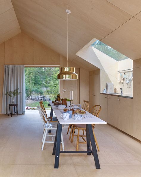 Blackened Plywood Covers The Exterior Of This Swedish Summer House Swedish Summer House, Plywood Ceiling, Plywood House, Plywood Interior, Swedish Summer, Plywood Walls, Modern Cabin, Wood Interiors, House Extensions