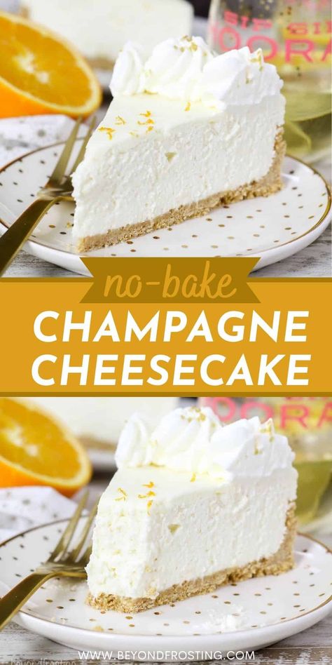 This No-Bake Mimosa Cheesecake is the perfect dessert for any celebration! It's light, creamy, subtly sweet, and flavored with hints of orange zest and champagne! Champagne Cheesecake, Unique Cheesecake, New Years Eve Dessert, Bake Cheese, Yummy Cheesecake, Bake Recipes, Cheesecake Cake, Cheesecake Desserts, Easy Cheesecake