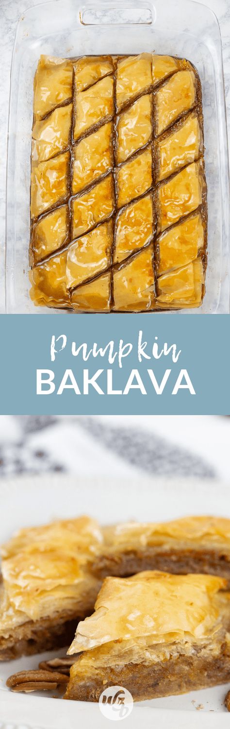 Pumpkin Baklava is a fun take on traditional baklava perfect for fall. Pumpkin pie filling and pecans are layered in-between flaky sheets of phyllo dough to create an irresistible dessert. | wanderzestblog.com #dessert #fall #pumpkin #baklava Traditional Baklava Recipe, Easy Baklava, Walnut Baklava, Baklava Recipe Easy, Arabisk Mad, Greek Baklava, حلويات عربية, Baklava Recipe, Homemade Syrup