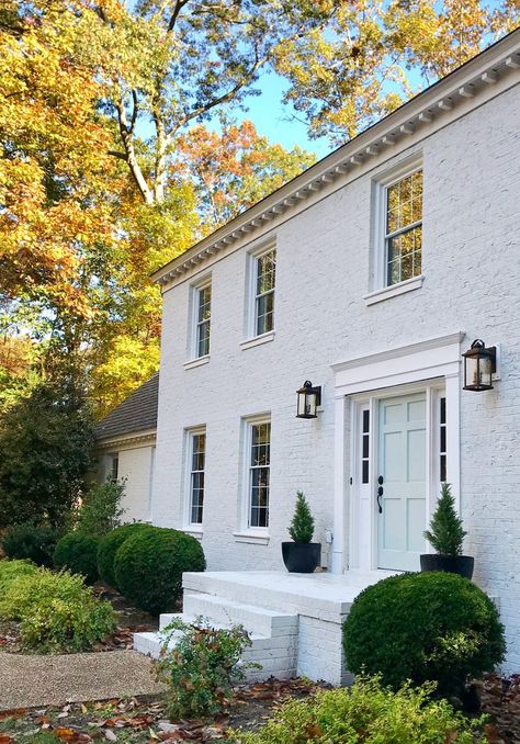 White Brick Exterior House, Whitewash Brick House, Limewash Brick, White Brick House, Sherwin William, Painting Brick, Painted Brick Exteriors, White Exterior Paint, Brick Homes