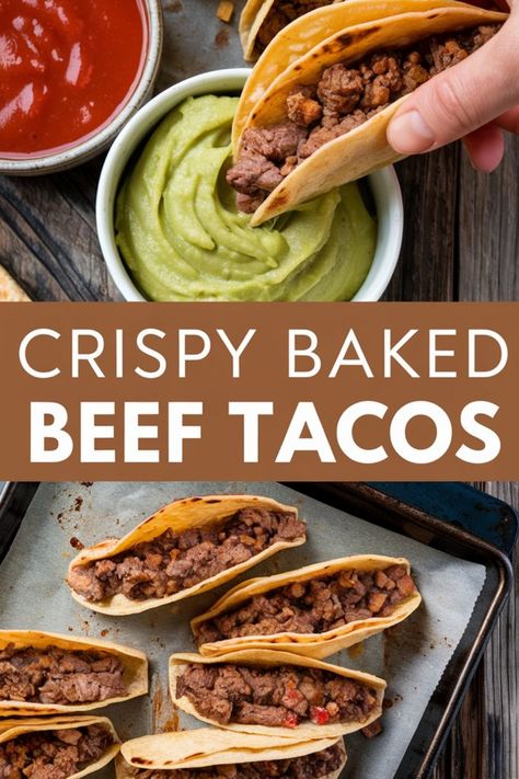 Discover the ultimate crispy beef tacos recipe that will become a family favorite! These baked beef tacos are packed with delicious flavors and are incredibly easy to make. If you're looking for new and exciting beef recipes to try, these tacos are perfect for lunch or dinner. Elevate your taco night with these mouth-watering beef tacos - a crowd-pleasing dish that is sure to impress everyone at the table! Say goodbye to bland dinners and hello to a flavorful experience with these tasty baked be Crispy Baked Beef Tacos, Shaved Beef Tacos, Beef Taco Recipes, Crispy Beef Tacos, Baked Beef Tacos, Tenderloin Tacos, Crunchy Beef, Tasty Tacos Recipe, Crunchy Tacos