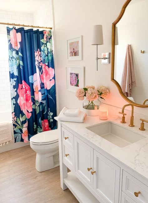 Before   After Home Tour: Modern   Classic 1970’s Ranch Spring Bathroom, Teen Bathrooms, Colorful Shower Curtain, Floral Bathroom, Cool Shower Curtains, Chic Bathrooms, Girls Bathroom, Diy Bathroom Decor, Bathroom Decor Ideas