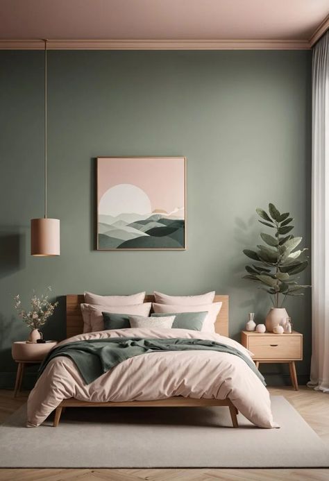 30 Chic Sage Green and Blush Bedroom Ideas 42 Sage Green In Bedroom, Green Tones Bedroom, Scandinavian Bedroom Green, Calming Bedroom Design, Green Wall In Bedroom, Sage Accent Wall Bedroom, Light Green Accent Wall, Green And Blush Bedroom, Green Wall Bedroom