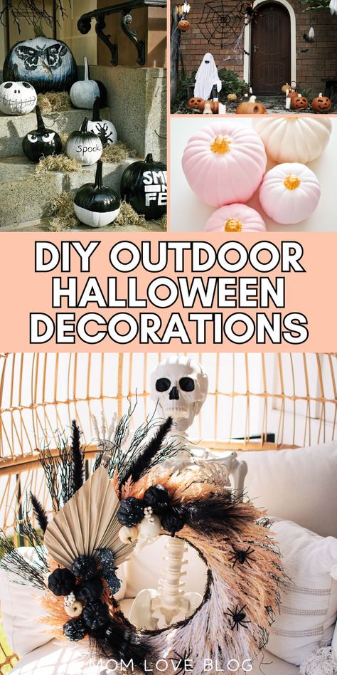 Collage of DIY outdoor Halloween decorations, including yard decorations and front porch decor. Halloween Milk Jugs, Diy Halloween Garland, Ultimate Baby Registry Checklist, Diy Outdoor Halloween Decorations, Diy Yard Decor, Halloween Pumpkin Diy, Halloween Diy Outdoor, Baby Registry Checklist, Registry Checklist