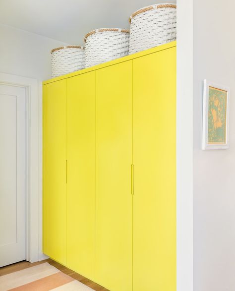 Porch Playroom, Yellow Closet, Hall Closets, Playroom Kitchen, Bright Paint, Bedroom Photography, Colorful Tile, Emily Henderson Design, Entryway Design