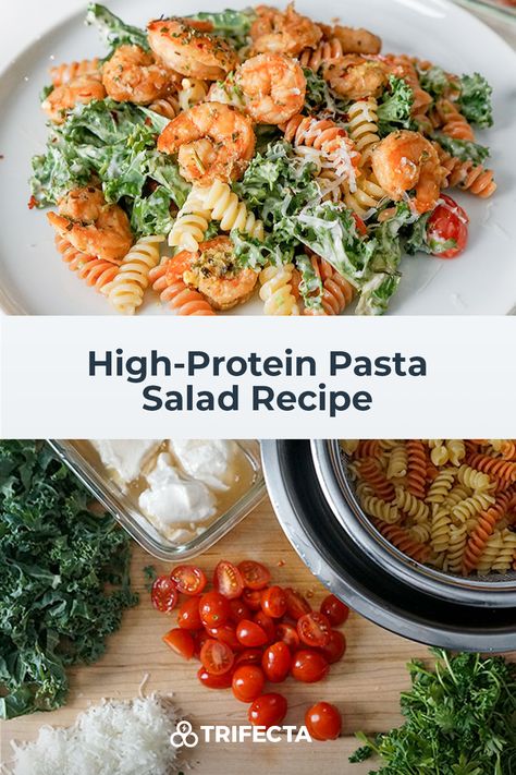 High-Protein Pasta Salad Recipe Healthy Salad Recipes High Protein, Macro Pasta Recipes, Healthy Pasta Salad Recipes Clean Eating Low Carb, Lunch Recipes High Protein, High Protein Noodle Recipes, Protein Pasta Meals, High Protein Pasta Salad Recipes, High Protein Healthy Dinners, Protein Shrimp Pasta