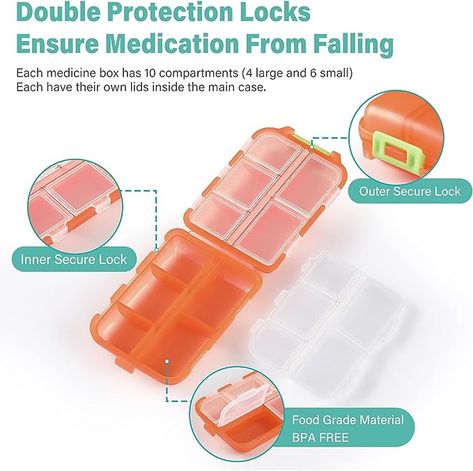 1 Pack Travel Pill Organizer w Lables, 10 Compartments Handy Pill Holder Box for Purse, Pocket, Bag - Portable Medicine Container Case - Mini Pharmacy for Daily Weekly Travel, Outdoor, Office - Orange Mini Pharmacy, Pocket Pharmacy, Medication Organizer, Travel Pill Organizer, Medicine Container, Medication Organization, Pill Holder, Outdoor Office, Medicine Boxes