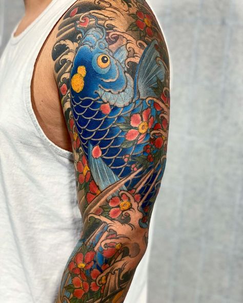 Jakoh on Instagram: “Added blue on this koi fish. Thank you Noe 🙏🏻🙏🏻🙏🏻” Blue Koi Tattoo, Koi Fish Sleeve Tattoo, Color Koi Fish Tattoo, Koi Fish Tattoo With Color, Blue Koi Fish Tattoo, Neo Japanese Tattoo, Koi Fish Tattoo Design Colored, Koi Fish Tattoo In Color, Koi Fish Tattoo Colour