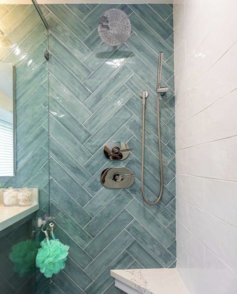 Feature Tiles Bathroom, Teal Shower Tile, Spa Bathrooms, Teal Bathroom, Crash Pad, Bathroom Redesign, Bathroom Remodel Designs, Downstairs Bathroom, Bathroom Inspiration Decor