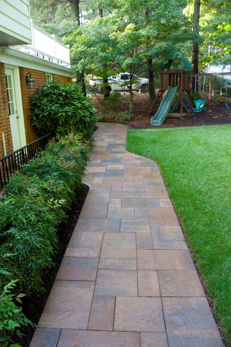 Paver Walkway Paved Backyard Ideas, Paved Backyard, Brick Walkways, Walkway Designs, Flagstone Walkway, Paver Patios, Wall Framing, Brick Walkway, Walkway Design