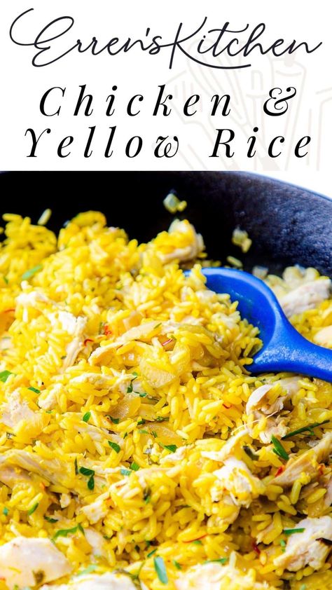 This incredibly tasty Chicken and Yellow Rice recipe is a simple one-pot dish that's perfect for using leftover chicken. #easyonepotmeal #ErrensKitchen Chicken Yellow Rice Instant Pot, Yellow Rice Dinner Ideas, Chicken And Yellow Rice Oven, Chicken And Yellow Rice Crockpot, Yellow Rice Meals, Chicken And Yellow Rice Recipes, Yellow Rice And Chicken, Rice And Chicken Recipes, Chicken And Yellow Rice Recipe