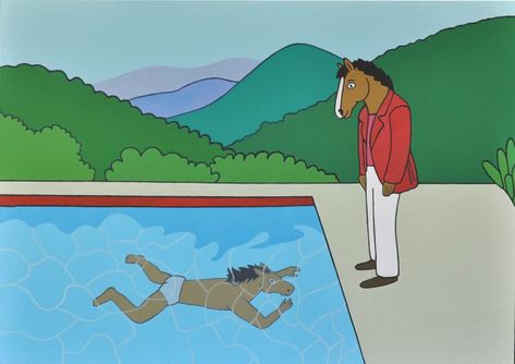 ‘Portrait Of An Artist (Pool With Two Figures)’ • David Bockney • 2018 • oil on canvas • Bojack Horseman’s private collection • Netflix Inc. • #14092018 Bojack Pool Painting, Bojack Horseman Canvas Painting, Bojack Horseman Drawing, Bojack Horseman Art, Pool With Two Figures, Portrait Of An Artist, Tech Decor, Photo Resin, Swimming Posters