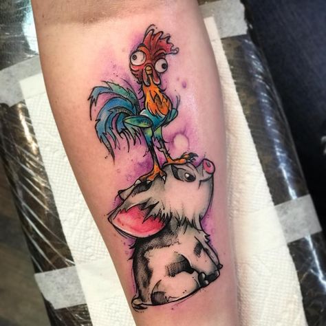 Tony Davis on Instagram: “Hei Hei and Pua Tattoo.” Hei Hei Tattoo Moana, Pua And Hei Hei Tattoo, Pua Tattoo, Hei Hei Tattoo, Hei Hei And Pua, Disney Tattoos For Men, Moana Tattoos, Disney Watercolor Tattoo, Ca Tattoo