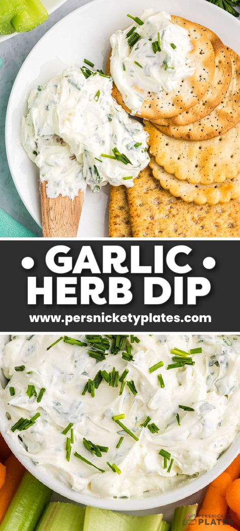 Garlic Herb Dip starts with a cream cheese base and then is filled with fresh herbs. Pair this super easy dip recipe with crackers, chips, or veggies to make the perfect quick snack for your next party or game day. Cream Cheese Cracker Dip, Cracker Dip Recipe, Garlic Herb Dip, Cheese Chip Dip, Garlic Dipping Sauce, Fresh Cheese Recipe, Persnickety Plates, Herb Dip, Savory Dips