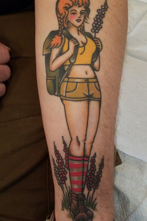 Pinup Woman Tattoo, 50s Pinup Tattoo, Pinup Tattoo Placement, American Traditional Pinup Tattoo, Male Pinup Tattoo, Pinup Tattoos For Women, Vintage Pinup Tattoo, American Traditional Pinup, Traditional Pinup Tattoo