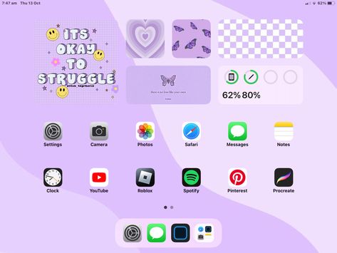 Purple Home Screen, App Design Ipad, Ipad Organization, Ipad Case Stickers, Ipad Home Screen, Ipad Setup, Ipad Layout, Ipad Lockscreen, Ipad Homescreen