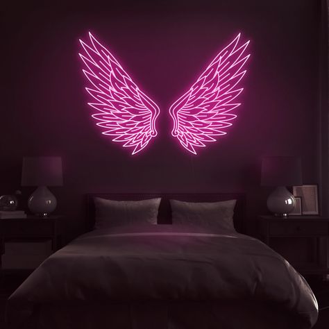 'Angel Wings' Neon Sign Angel Neon Sign, Neon Room Signs, Neon Signs Room, Wallpaper Ideas Bedroom, Neon Signs For Room, Neon Light Room, Neon Room Decor, Neon Lights Bedroom, Cool Neon Signs