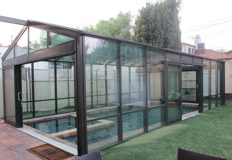 Pool & Spa Enclosure Photos Pool Enclosure Ideas, Sunroom Pool, Greenhouse Pool, Ideas De Piscina, Pool Cage, Fire Pits Outdoor, Land Ideas, Swim Spas, Sunroom Addition