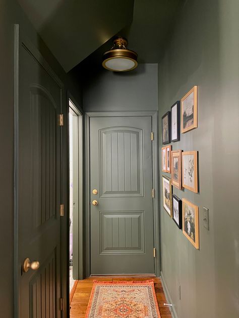 Walls And Ceiling Same Color Hallway, Hallway Accent Color, Hallway All One Color, One Color Hallway, One Colour Hallway, Green Painted Hallway, Green Paint Hallway Ideas, Dark Painted Hallways, Monochrome Room Paint