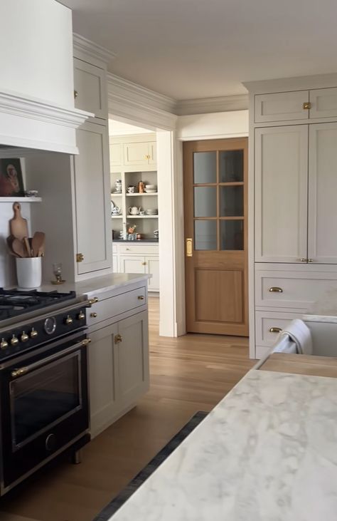 Kitchen To Mudroom Transition, Open Galley Kitchen With Peninsula, Stove With Window Behind It, Clean Modern Interior, Pass Through Pantry, Fridge And Stove Side By Side, Closed Off Kitchen, Pantry Door Ideas, Closed Kitchen