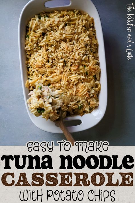 Tuna noodle casserole in a baking dish with perfectly browned crushed potato chips on top being spooned out to serve. Tuna Casserole With Potato Chips On Top, Tuna Casserole Recipes With Potato Chips, Tuna Noodle Casserole With Potato Chips, Tina Noodle Casserole, Tuna Noodle Cassarole, Tuna Casserole With Potato Chips, Campbells Tuna Noodle Casserole, Classic Tuna Noodle Casserole, Salmon Casserole