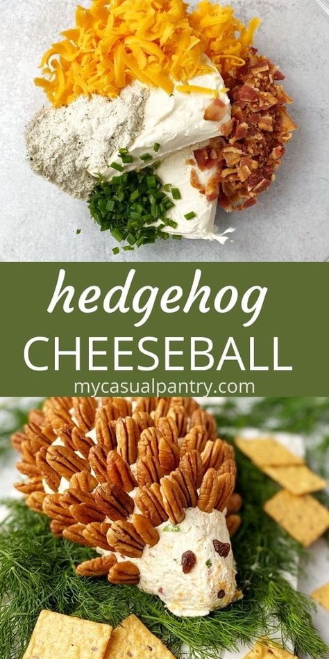 Hedgehog Cheeseball -  this savory bacon cheddar ranch mixture with a festive presentation makes a great centerpiece on any holiday table.  Serve with crackers, veggies, or crostini. Hedge Hog Cheese Ball Recipe, Hedgehog Cheeseball Recipe, Hedgehog Party Food, Porcupine Cheeseball, Woodland Desserts, Graduation Foods, Hedgehog Cheese Ball, Hedgehog Cheeseball, Woodland Food