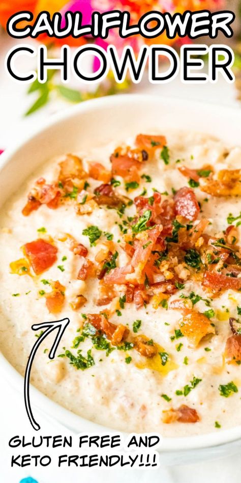 Bacon Cauliflower Chowder is gluten-free and keto-friendly and loaded with salty bacon, cream cheese, cauliflower, and seasoning for a delicious chowder recipe you'll want to make again and again! #keto #cauliflower #healthy Healthy Steak Recipes, Cheese Cauliflower, Cauliflower Chowder, Bacon Cauliflower, Soup Appetizers, Bacon Soup, Chowder Recipe, Keto Soup, Meat Dinners