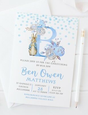 10 PERSONALISED PETER RABBIT CHRISTENING INVITATIONS. The invitations are printed on beautiful quality smooth matt card - 10 x 15cm. Peter Rabbit Invitations, Peter Rabbit Christening, Baby Boy Birthday Themes, Christening Cake Boy, Christening Invitations Boy, Christening Decorations, Peter Rabbit Birthday, Bunny Birthday Party, Peter Rabbit Party