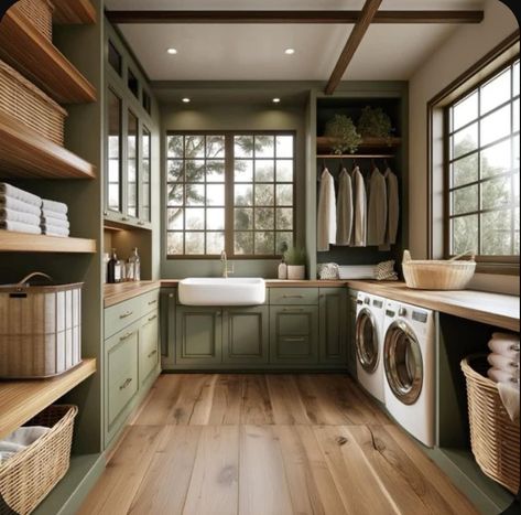 Modern Cottage Laundry Room, Earthy Laundry Room, Kitchen Decor Green, Rustic Laundry Room, Ideas For Best Friends, Rustic Laundry, Dream Laundry Room, Laundry Room Layouts, Farmhouse Laundry Room