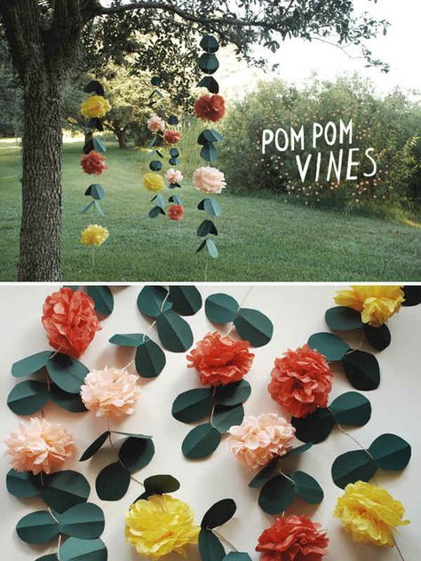 Pom Pom Vines | 37 Things To DIY Instead Of Buy For Your Wedding Flowers Hanging, Wedding Reception Backdrop, Diy Wedding Backdrop, Paper Pom Poms, Party Deco, Wedding Ceremony Backdrop, Diy Wedding Decorations, Wedding Planners, Trendy Wedding